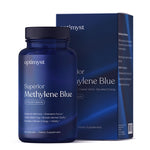 A bottle and box of Methylene Blue Capsules by optimyst, with the product details visible on the packaging.