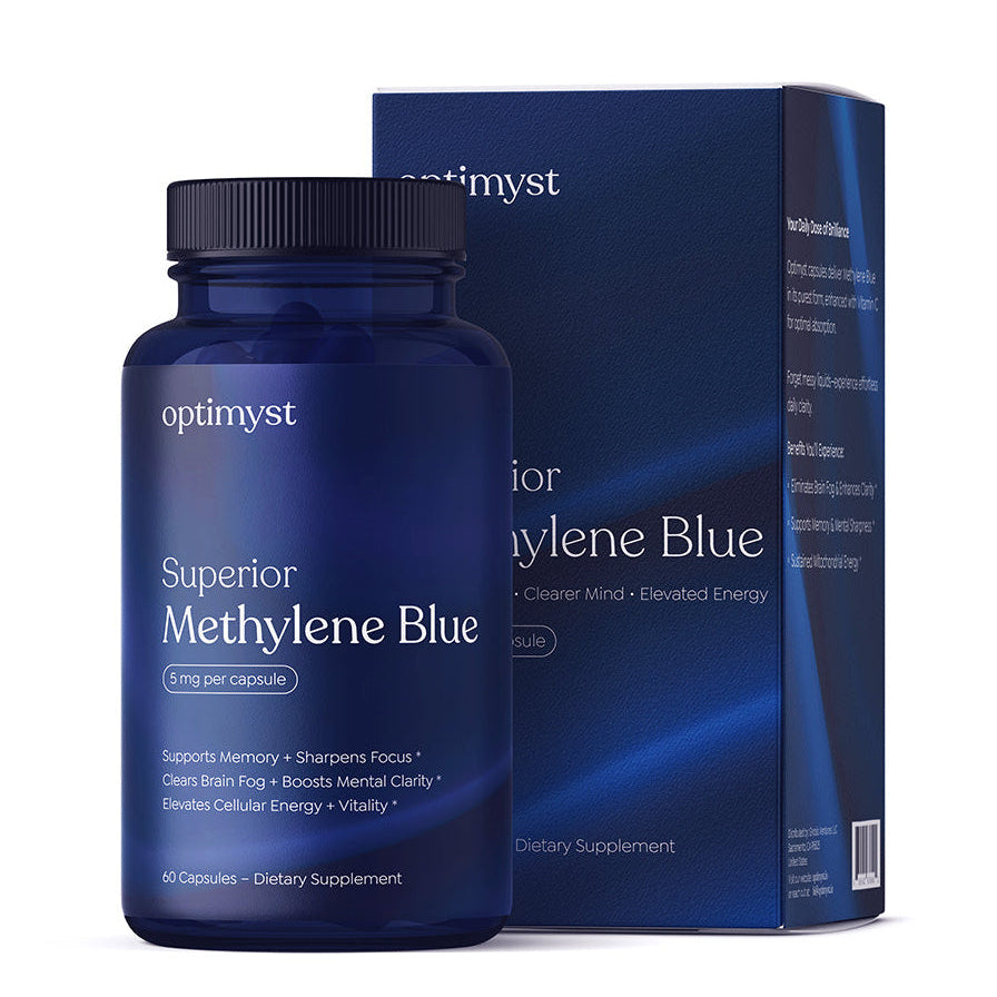 A bottle and box of Methylene Blue Capsules by optimyst, with the product details visible on the packaging.